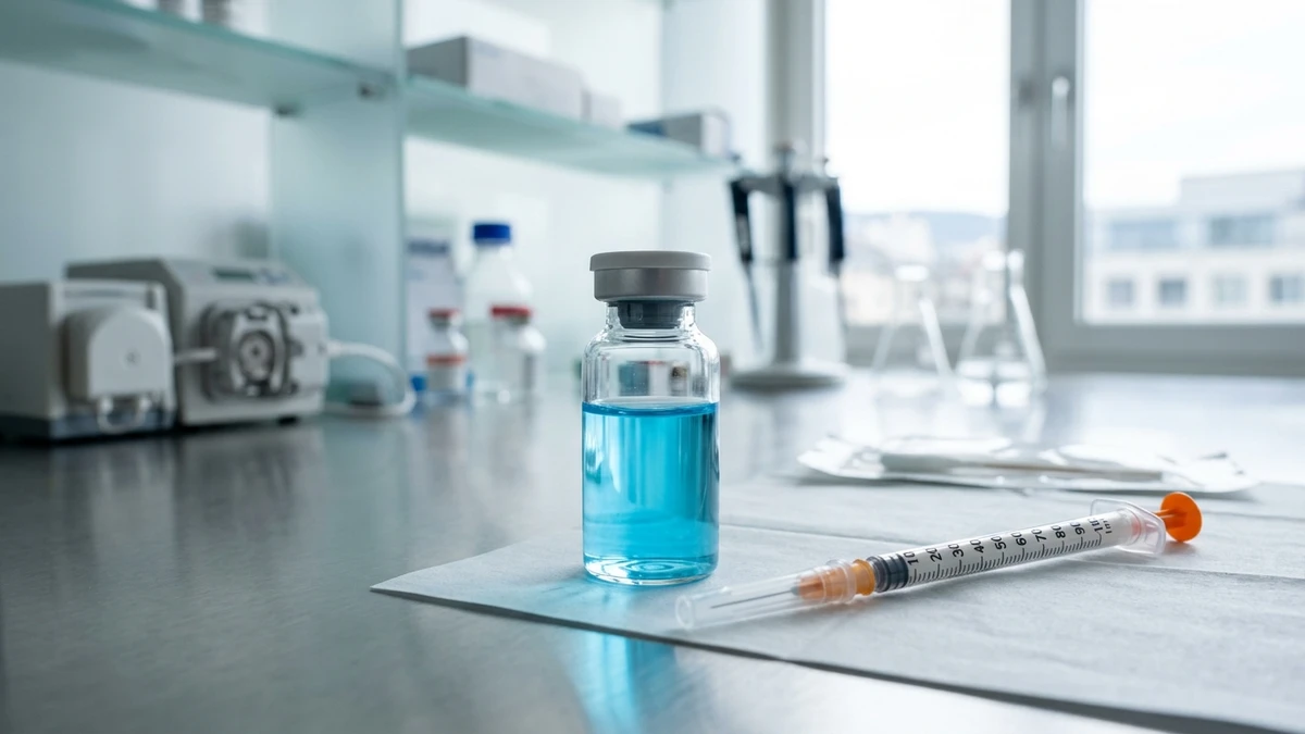 Clinical laboratory glass vial with cerulean blue dissolved peptide solution alongside U-100 insulin syringe on stainless steel bench
